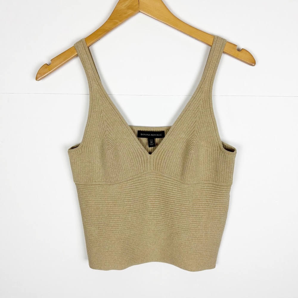 Banana Republic Tank Top Size Petite Medium Tan Gold Metallic Ribbed V Neck New - Picture 8 of 8